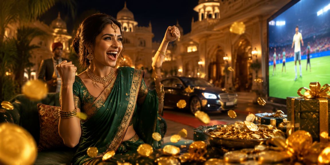 Indian woman using casino app on mobile in traditional saree